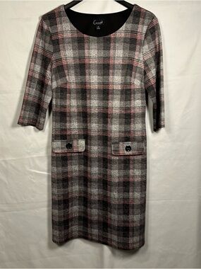 Connected Apparel Gray Plaid Midi Dress with Pink Accents